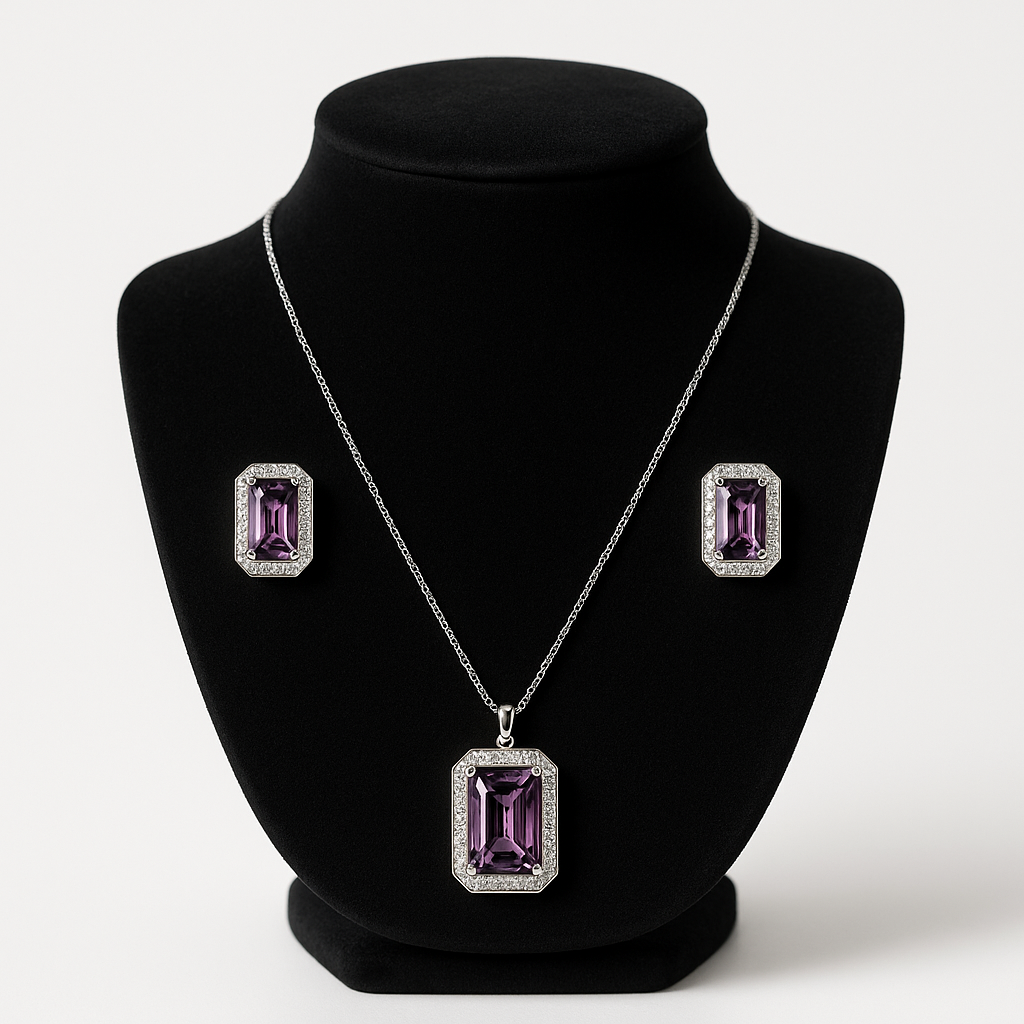 Elegant Purple Stone Pendant & Earring Set – Premium Silver Finish