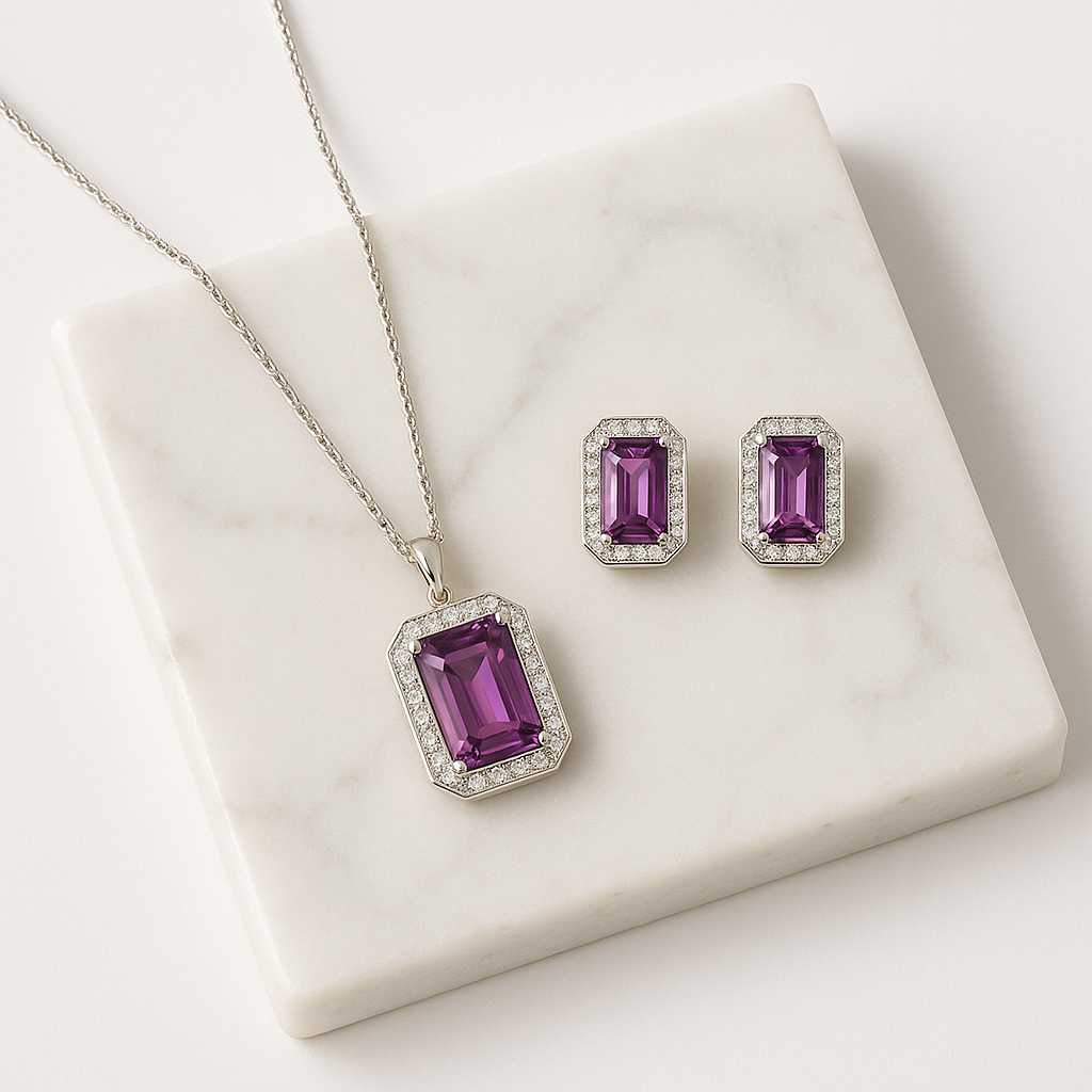 Elegant Purple Stone Pendant & Earring Set – Premium Silver Finish