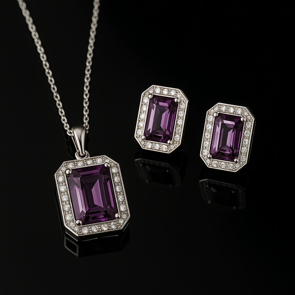 Elegant Purple Stone Pendant & Earring Set – Premium Silver Finish
