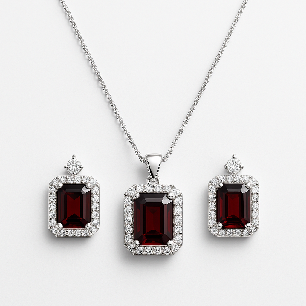 Radiant Garnet Elegance: Premium Necklace & Earrings Set