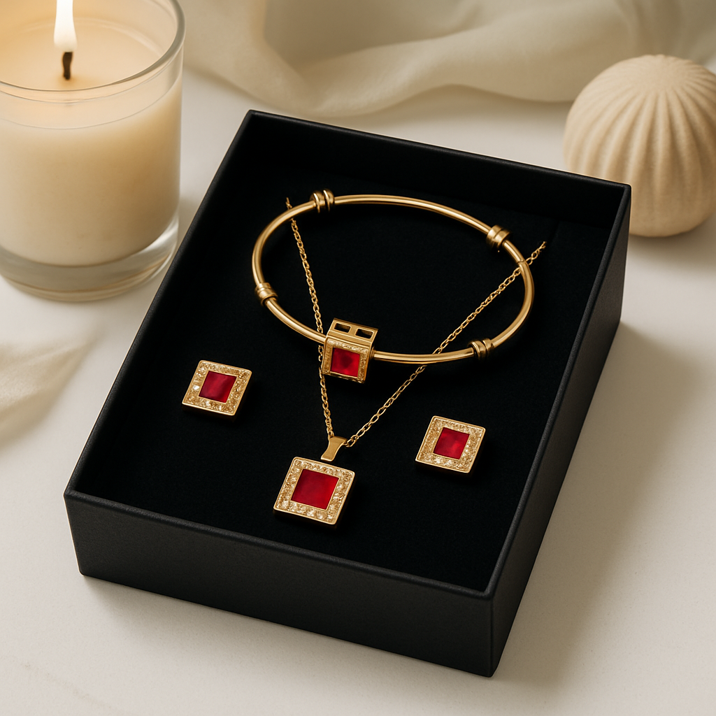 Royal Ruby Elegance – Gold-Plated Jewelry Set (Bracelet, Necklace & Earrings)