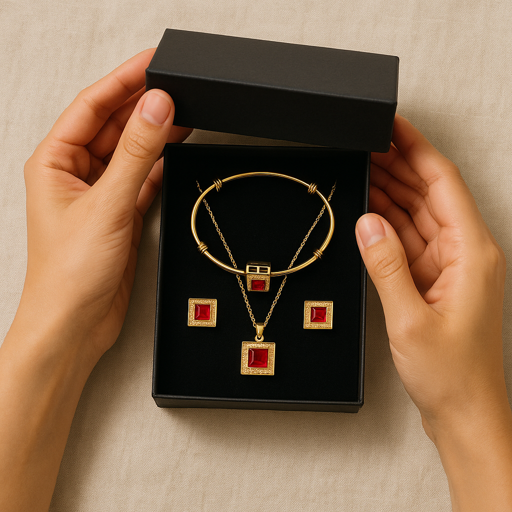 Royal Ruby Elegance – Gold-Plated Jewelry Set (Bracelet, Necklace & Earrings)