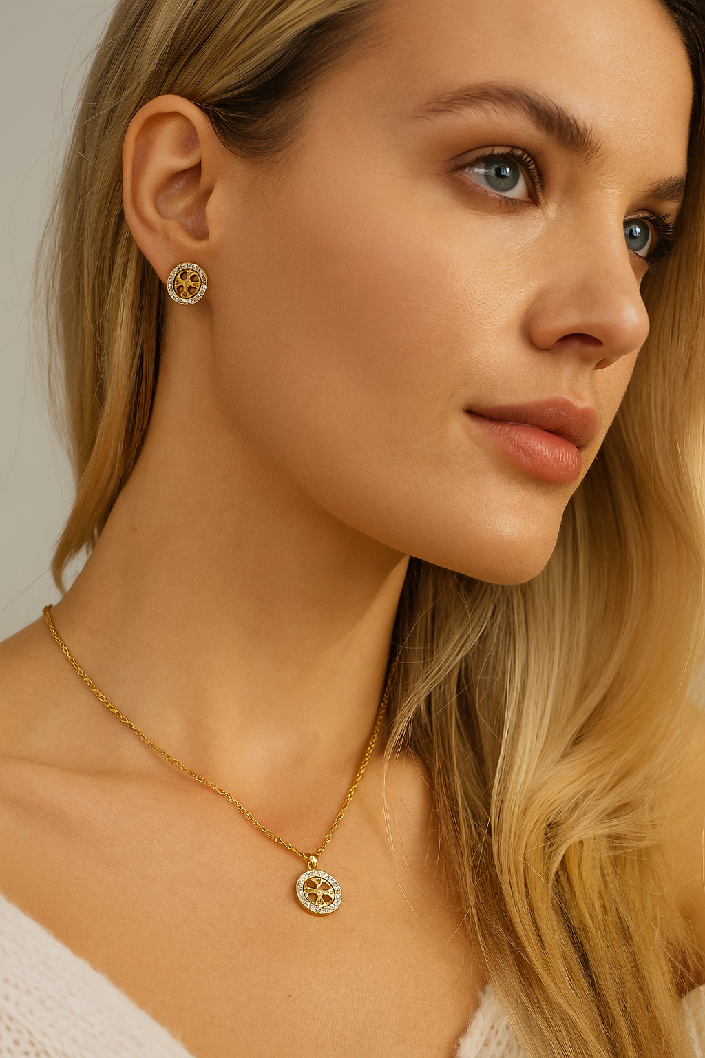 Golden Clover Pendant & Stud Earrings Set – Stylish Artificial Jewelry