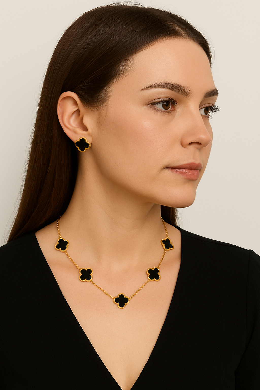 Luxury Black Onyx Clover Station Necklace + Stud Earrings Set
