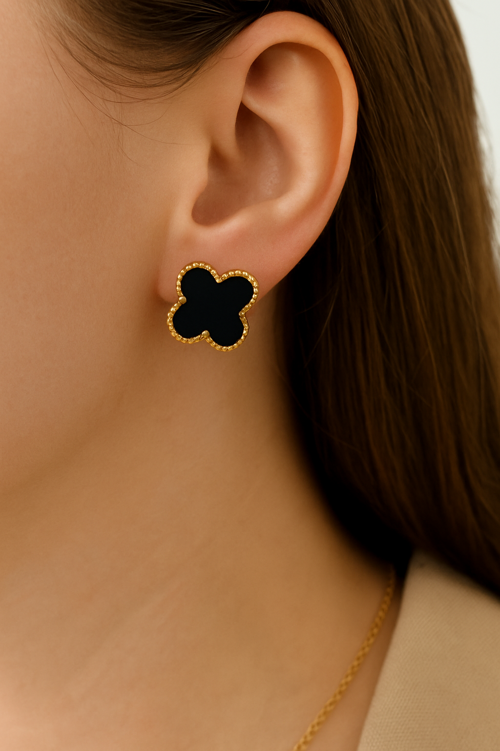 Luxury Black Onyx Clover Station Necklace + Stud Earrings Set