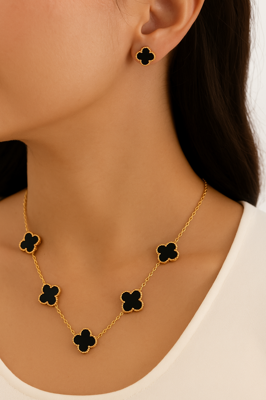 Luxury Black Onyx Clover Station Necklace + Stud Earrings Set