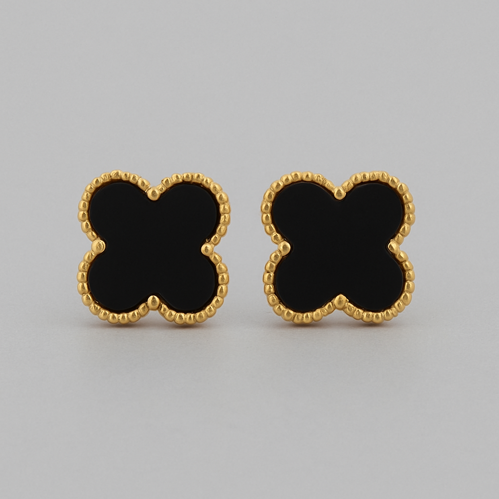 Luxury Black Onyx Clover Station Necklace + Stud Earrings Set