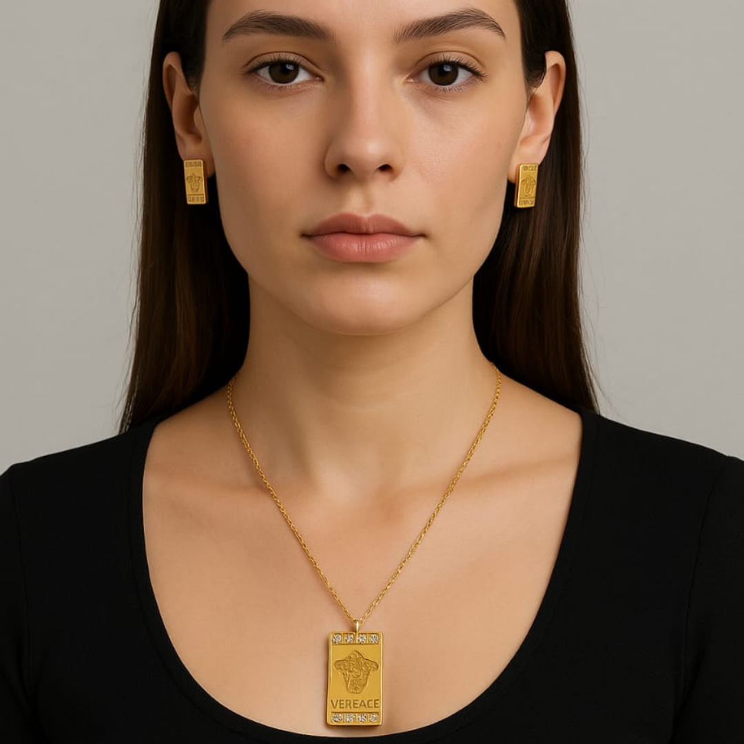 Rectangular Gold-Tone Pendant & Earrings Set – Artificial Jewelry