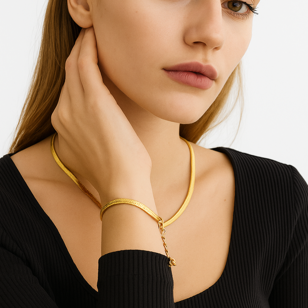 Elegant Polished Snake Chain Necklace & Bracelet Set