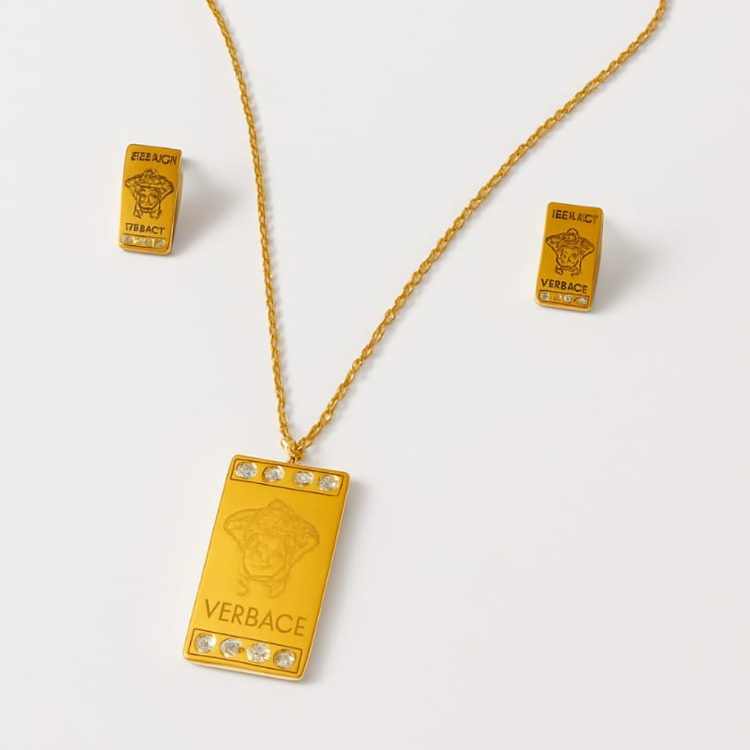 Rectangular Gold-Tone Pendant & Earrings Set – Artificial Jewelry
