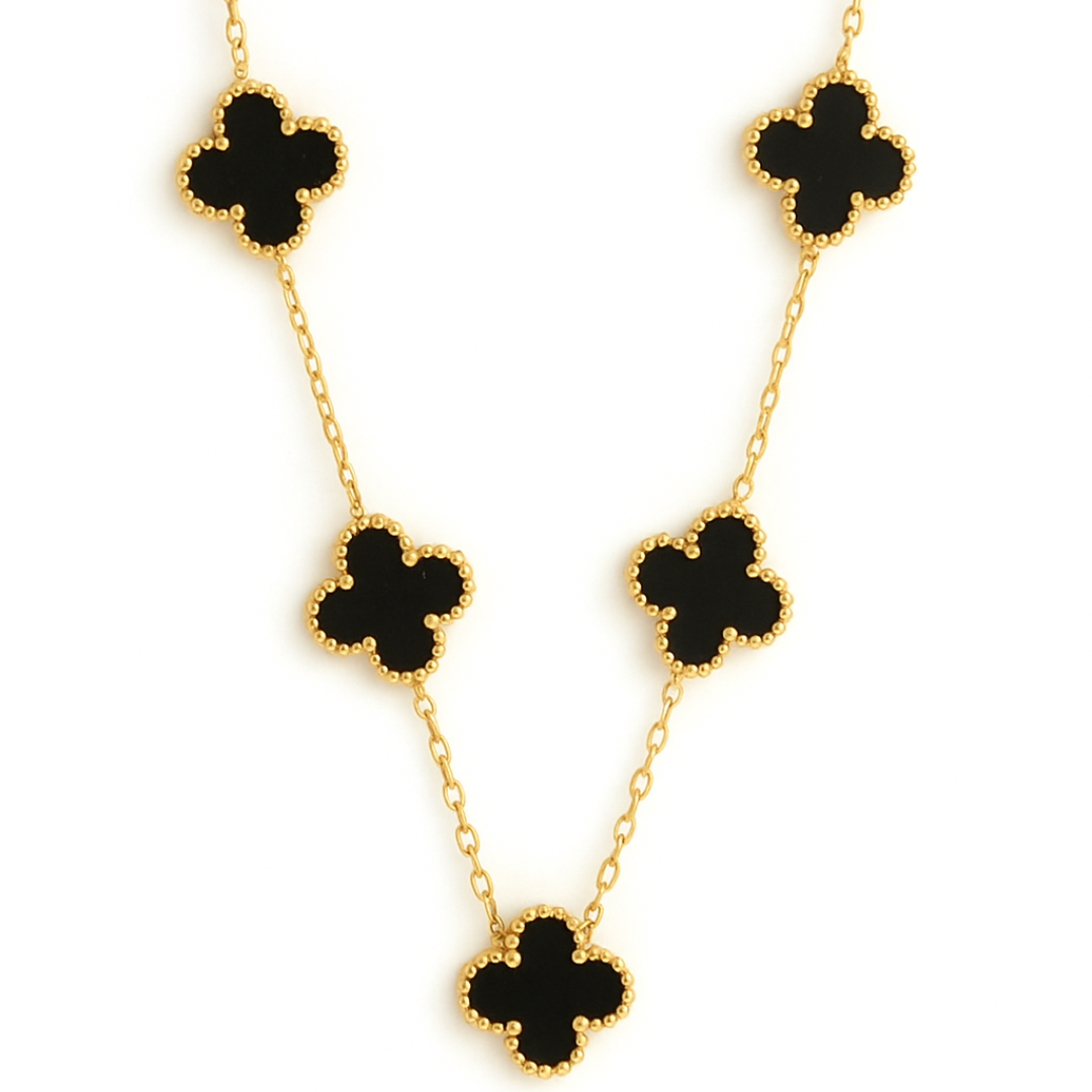 Luxury Black Onyx Clover Station Necklace + Stud Earrings Set