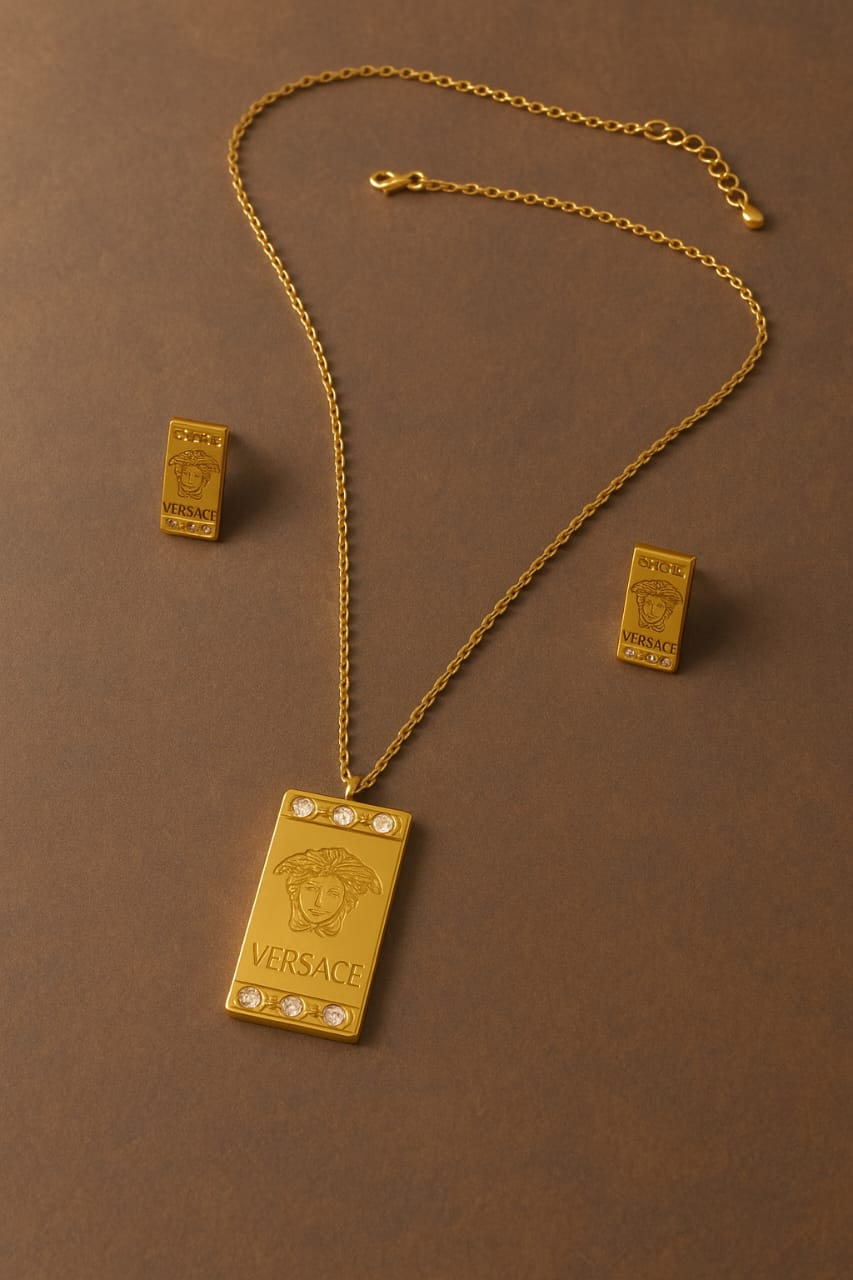 Rectangular Gold-Tone Pendant & Earrings Set – Artificial Jewelry