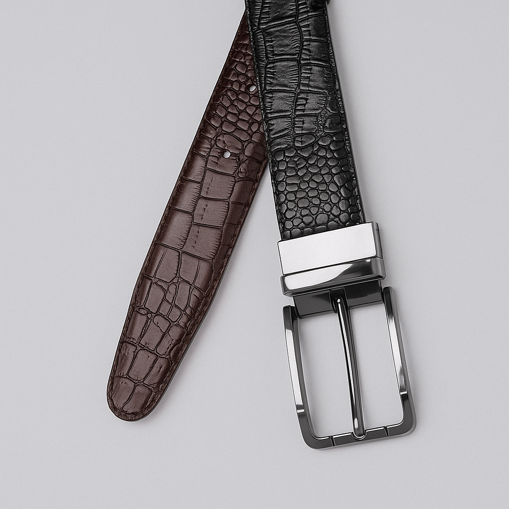 Premium Reversible Crocodile-Pattern Leather Belt – Black & Brown - With Free Delivery