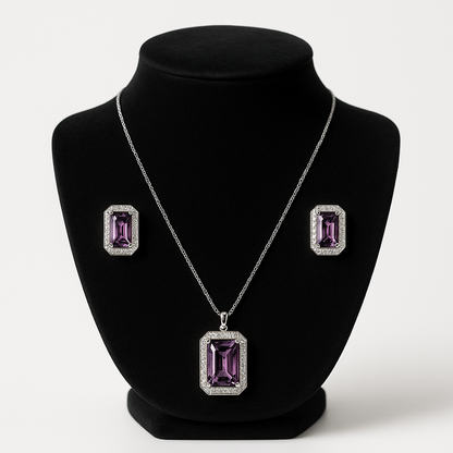 Elegant Purple Stone Pendant & Earring Set – Premium Silver Finish