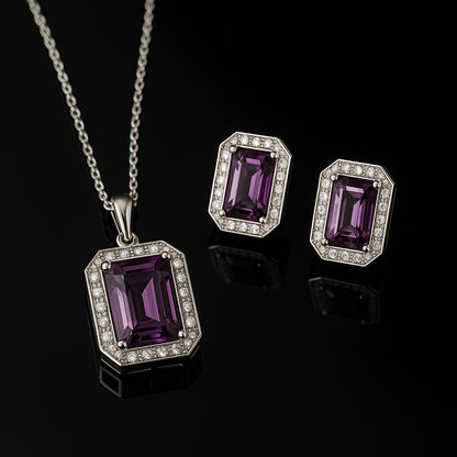 Elegant Purple Stone Pendant & Earring Set – Premium Silver Finish