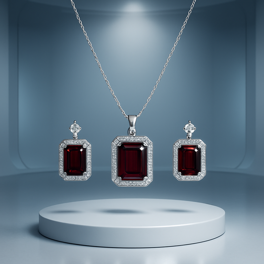 Radiant Garnet Elegance: Premium Necklace & Earrings Set