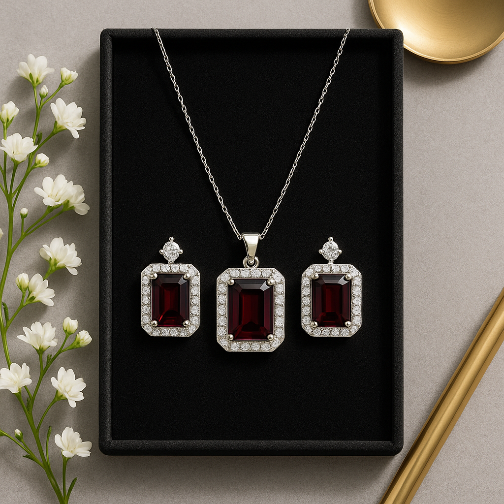 Radiant Garnet Elegance: Premium Necklace & Earrings Set