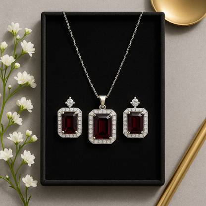 Radiant Garnet Elegance: Premium Necklace & Earrings Set