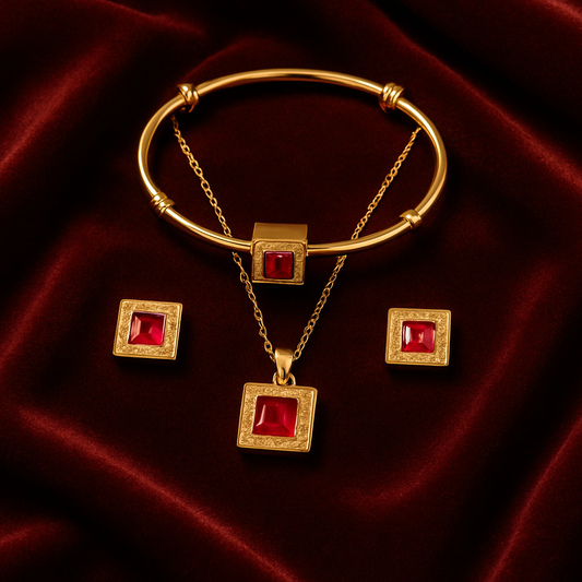Royal Ruby Elegance – Gold-Plated Jewelry Set (Bracelet, Necklace & Earrings)