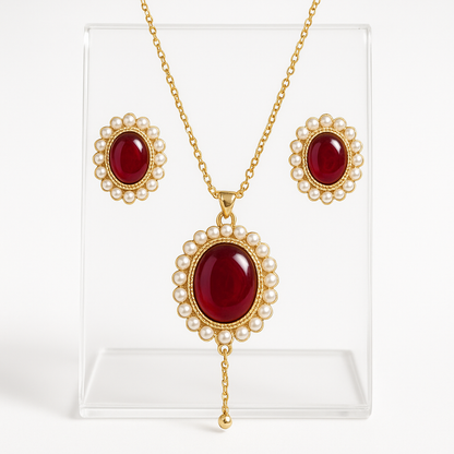 Royal Ruby Glow – Red Stone & Pearl Jewelry Set (Necklace & Earrings)