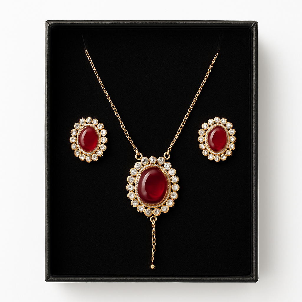Royal Ruby Glow – Red Stone & Pearl Jewelry Set (Necklace & Earrings)