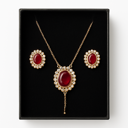 Royal Ruby Glow – Red Stone & Pearl Jewelry Set (Necklace & Earrings)