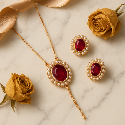 Royal Ruby Glow – Red Stone & Pearl Jewelry Set (Necklace & Earrings)