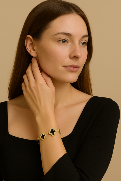 Luxury Clover Bracelet – Gold Finish with Black Onyx