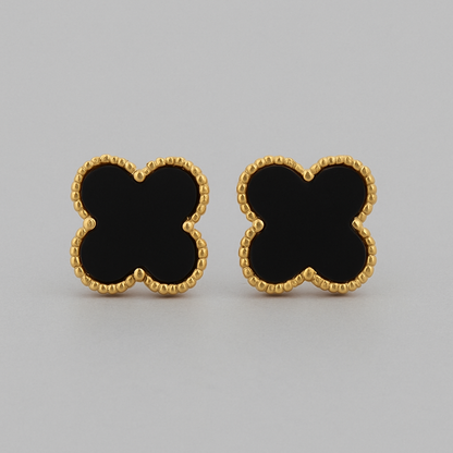 Luxury Black Onyx Clover Station Necklace + Stud Earrings Set