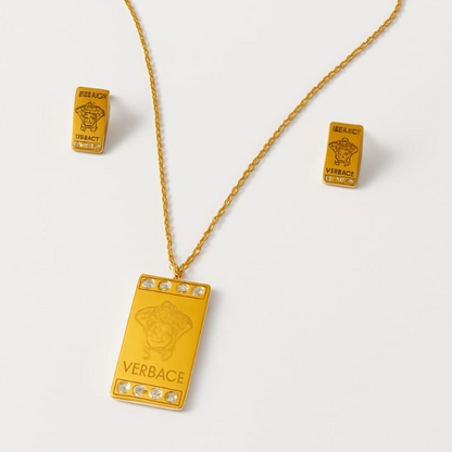 Rectangular Gold-Tone Pendant & Earrings Set – Artificial Jewelry