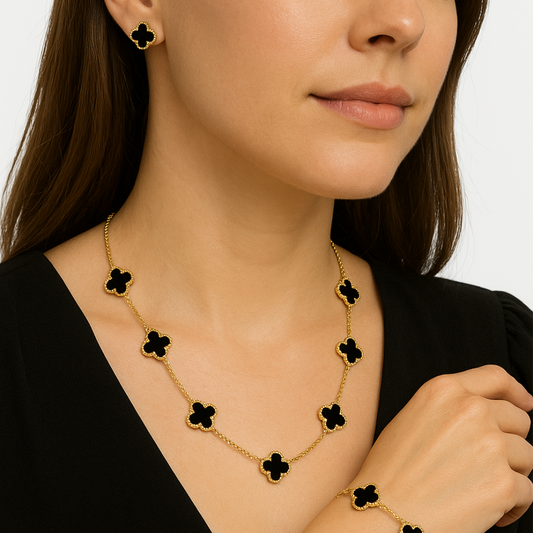 Elegant Black Clover Stud Earrings – Premium Gold Finish | Artificial Jewelry
