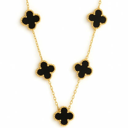 Luxury Black Onyx Clover Station Necklace + Stud Earrings Set