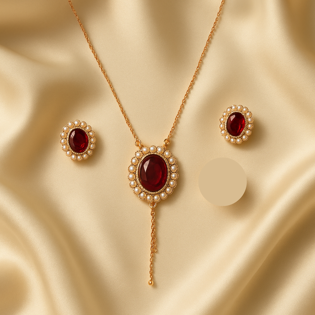 Royal Ruby Glow – Red Stone & Pearl Jewelry Set (Necklace & Earrings)