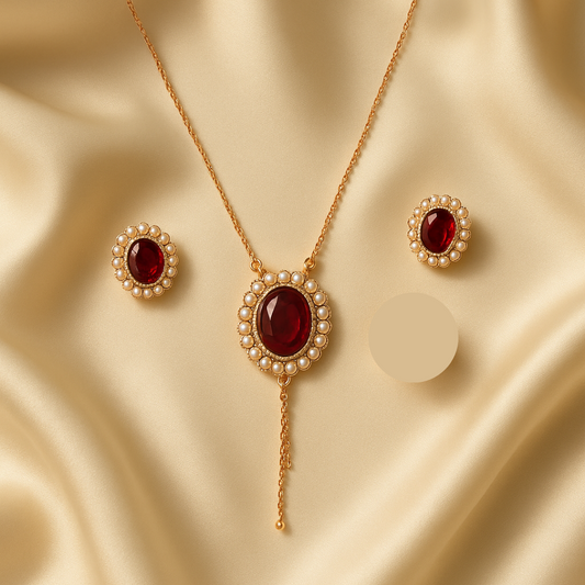 Royal Ruby Glow – Red Stone & Pearl Jewelry Set (Necklace & Earrings)