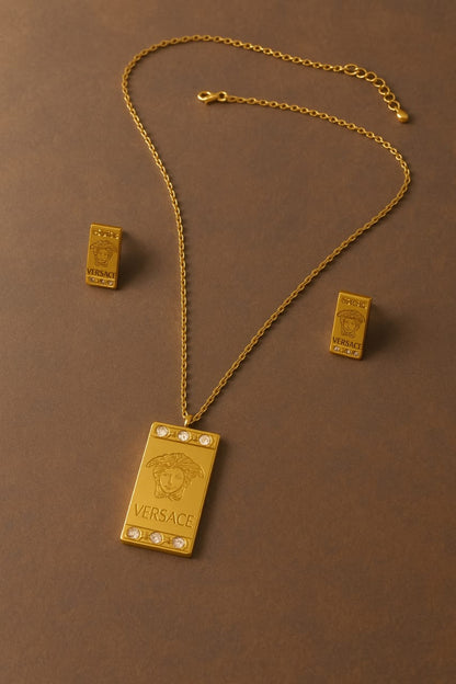 Rectangular Gold-Tone Pendant & Earrings Set – Artificial Jewelry
